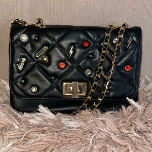 Black Quilted Chain Shoulder Bag with Embellishments